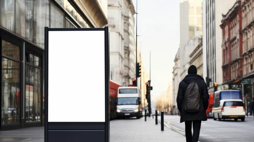 Un homme marchant dans une rue avec un panneau d’affichage