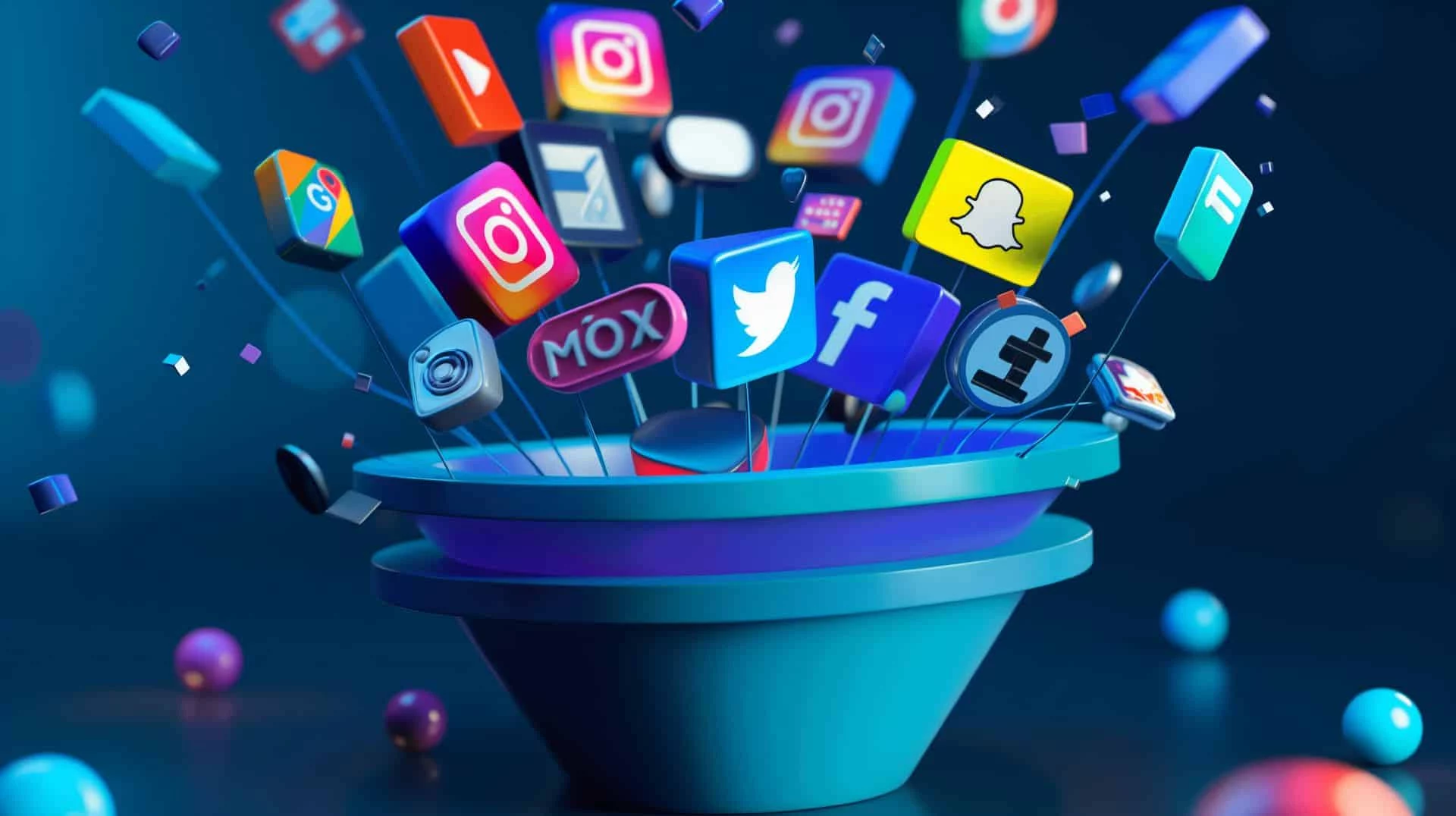 Icônes des médias sociaux sortant d’un entonnoir de conversion