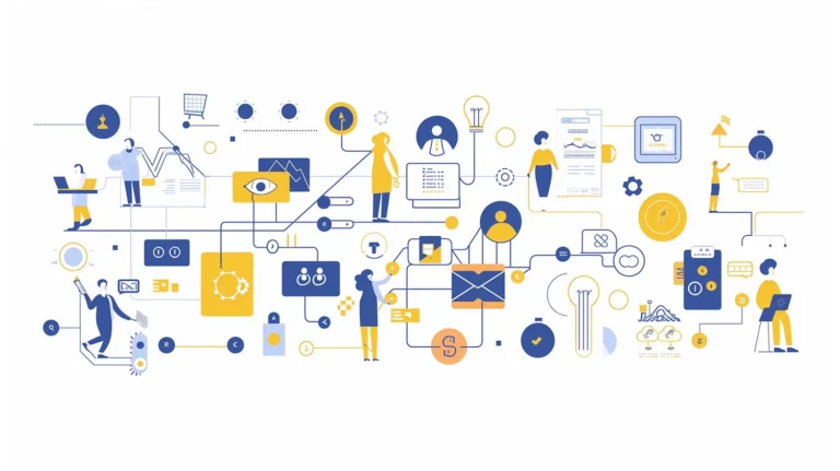 Illustration abstraite illustrant la publicité programmatique avec diverses activités interconnectées comme l'analyse de la communication, le marketing numérique et l'engagement client, à l'aide d'icônes et de symboles abstraits en jaune et bleu.