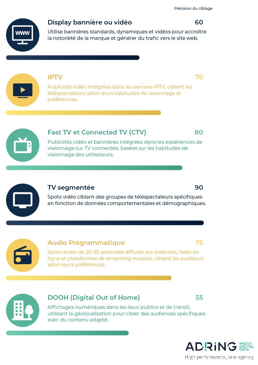 Une infographie répertoriant diverses stratégies de publicité programmatiques avec les scores de ciblage et descriptions correspondants, y compris les bannières/vidéos, l'IPTV, la CTV, la télévision ciblée, l'audio programmatique et l'affichage DOOH.