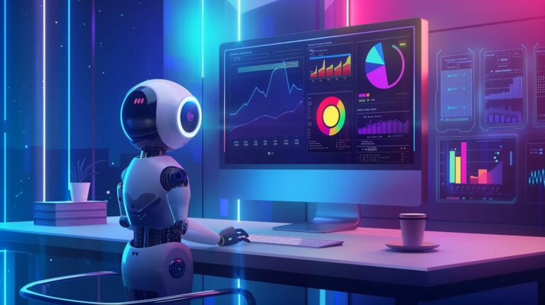 Un robot IA est assis à un bureau et analyse les données de marketing digital affichées sur plusieurs tableaux et graphiques