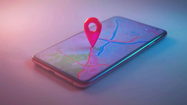 Smartphone affichant une carte numérique avec une épingle de localisation rouge bien visible, mettant en évidence un magasin sur la carte.