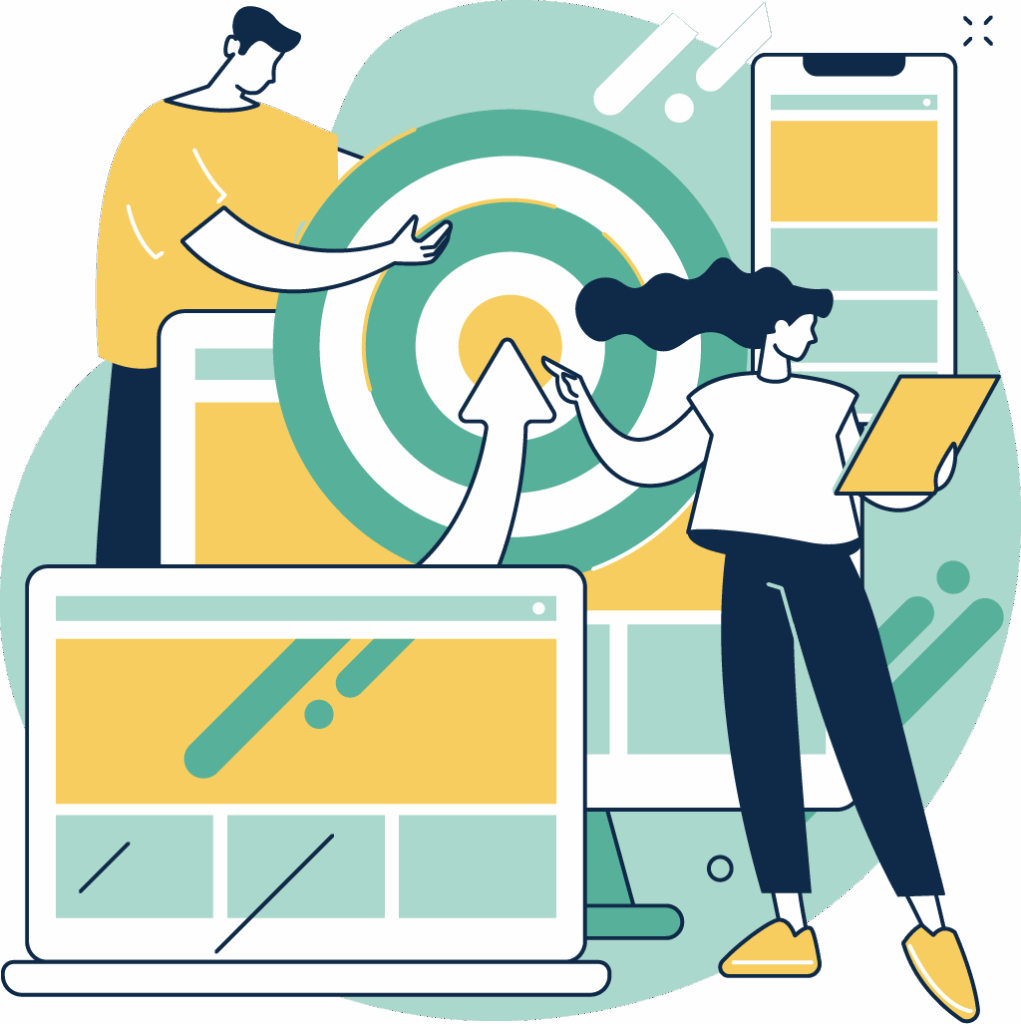 Illustration de deux experts social ads interagissant avec des écrans et visualisations de données, notamment une cible, des flèches, des ordinateurs portables et des appareils mobiles, représentant la mise en place d'une stratégie social ads