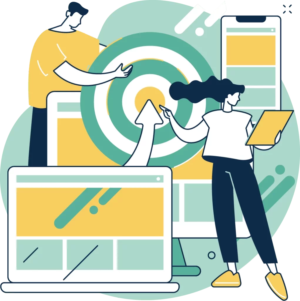 Illustration de deux experts social ads interagissant avec des écrans et visualisations de données, notamment une cible, des flèches, des ordinateurs portables et des appareils mobiles, représentant la mise en place d'une stratégie social ads