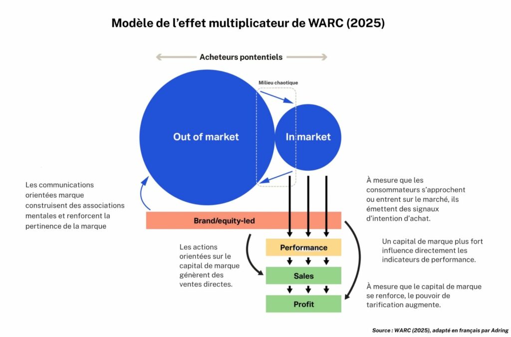 Diagramme illustrant le modèle de l'effet multiplicateur de WARC (2025), montrant comment les communications de marque font passer les acheteurs d'un marché "extérieur" à un marché "intérieur" et ont un impact sur les performances, les ventes et les bénéfices.
