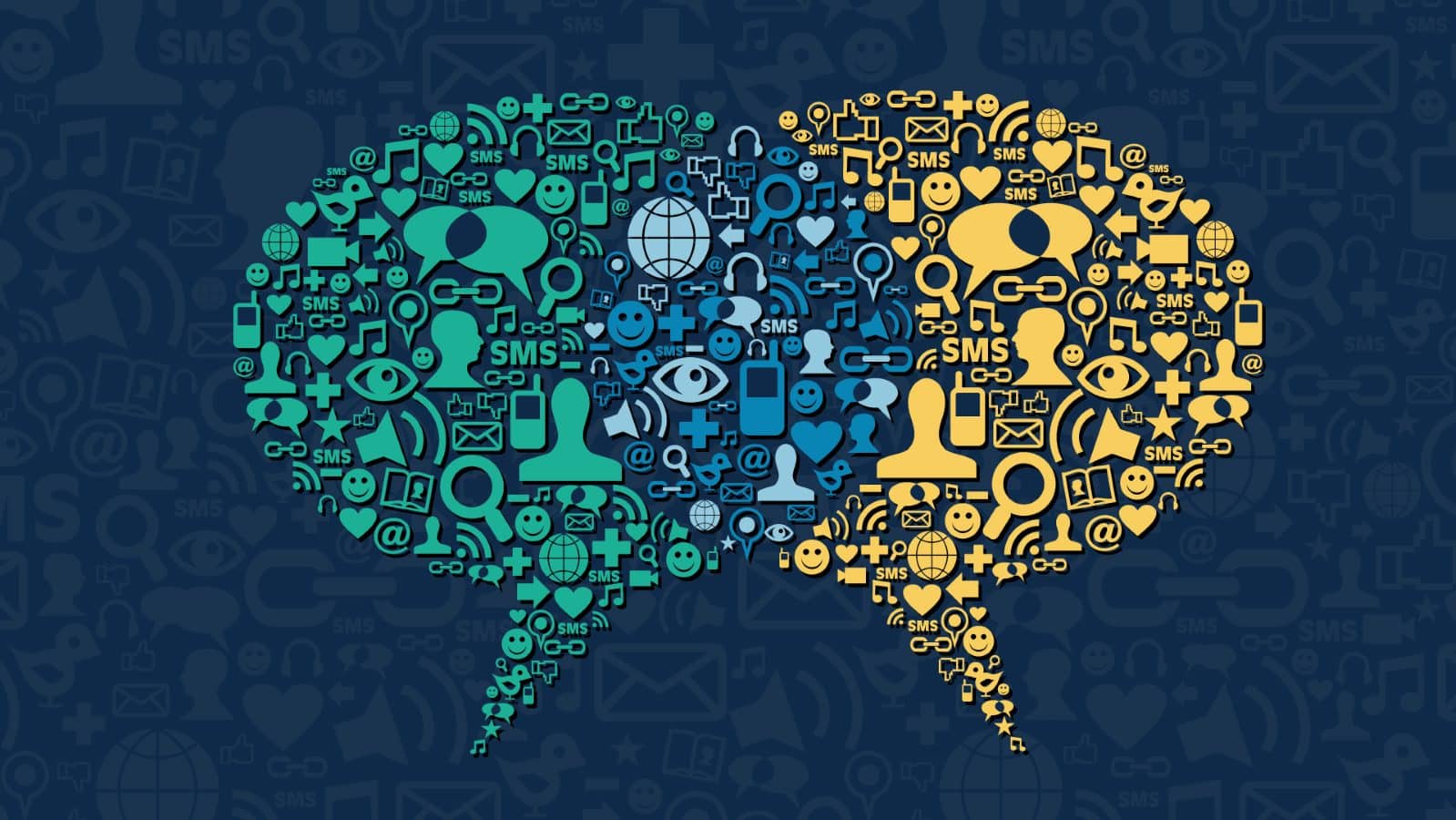 Illustration symbolisant la stratégie social media, avec deux bulles de dialogue remplies d’icônes représentant les interactions et plateformes numériques.