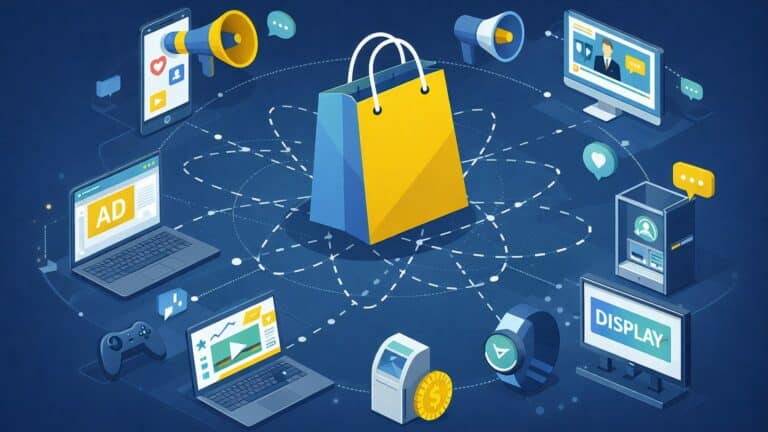 Illustration d'une stratégie omnicanale connectant un sac de shopping central à de multiples canaux digitaux comme le mobile, l'ordinateur et les écrans publicitaires.