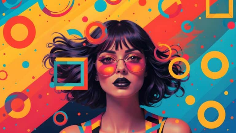 Portrait artistique d'une femme sur fond de formes géométriques vibrantes, pour illustrer les tendances média 2026.